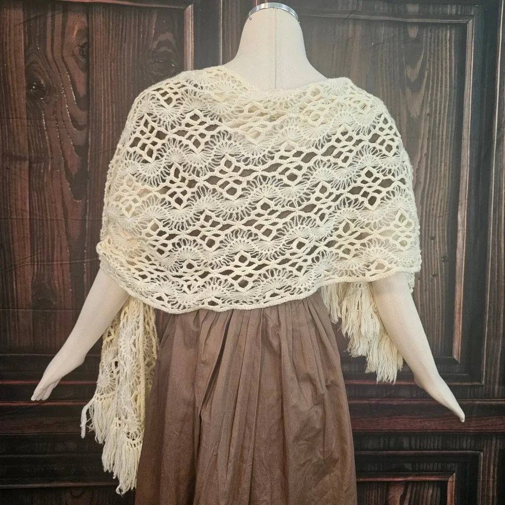 Vintage 1970s Crochet Fringe Shawl Wrap Cream Ivory Boho Handmade Lace Scarf